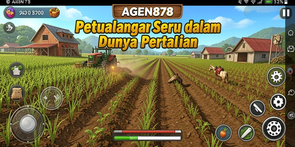 Tangkapan layar utama AGEN878 menampilkan aktivitas bertani yang dinamis.