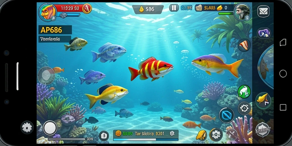 Tangkapan layar gameplay dengan ikan berwarna-warni dalam AP686.