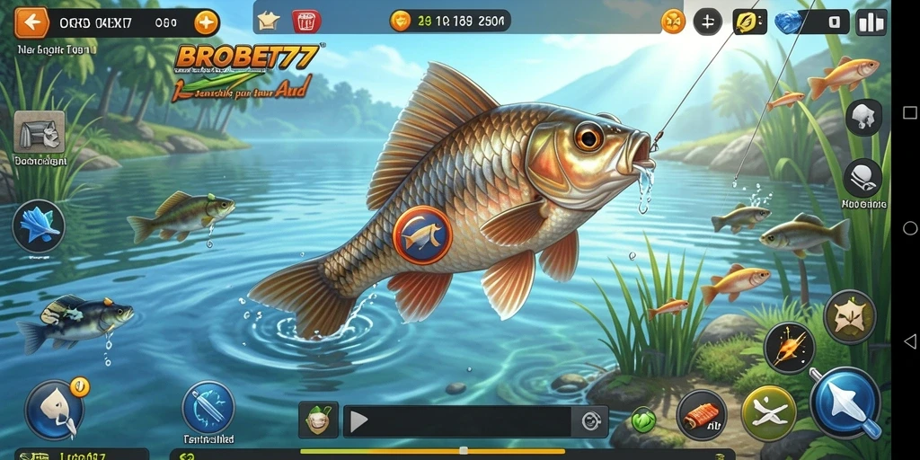 Screenshot utama BROBET77 menampilkan aksi seru tangkap ikan.