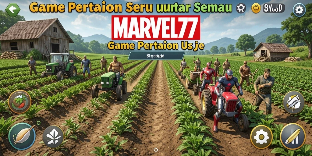 Tampilan gameplay MARVEL77 dengan ladang hijau yang subur dan hewan ternak.