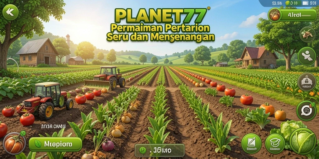 Tangkapan layar utama PLANET77 menampilkan ladang pertanian yang subur dan hewan ternak.